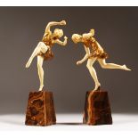 A SUPERB PAIR OF ART DECO GILT BRONZE AND IVORY DANCING YOUNG GIRLS by PIERRE LE FAGUAYS, CIRCA.