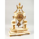 A 19TH CENTURY FRENCH ALABASTER CLOCK, with drum movement, blue and white Roman numerals, swags