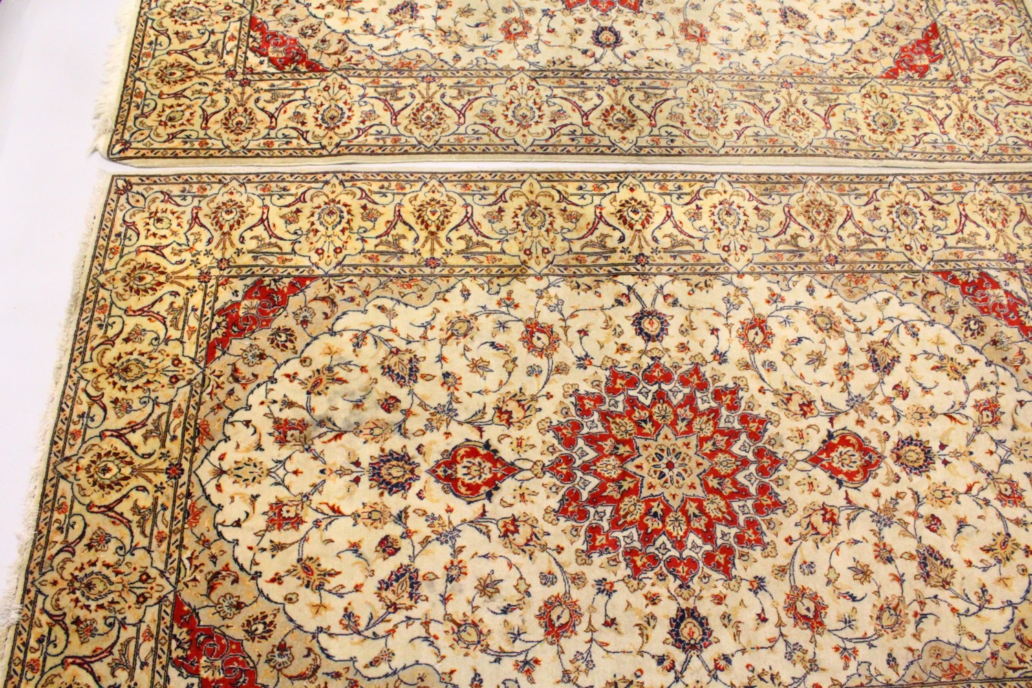 A PAIR OF PERSIAN TABRIZ CARPETS, beige ground with a central medallion and floral decoration ( - Image 12 of 28