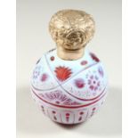 A SUPERB WEBB WHITE AND RED CAMEO PERFUME BOTTLE AND STOPPER. Signed WEBB 1898, with repousse silver