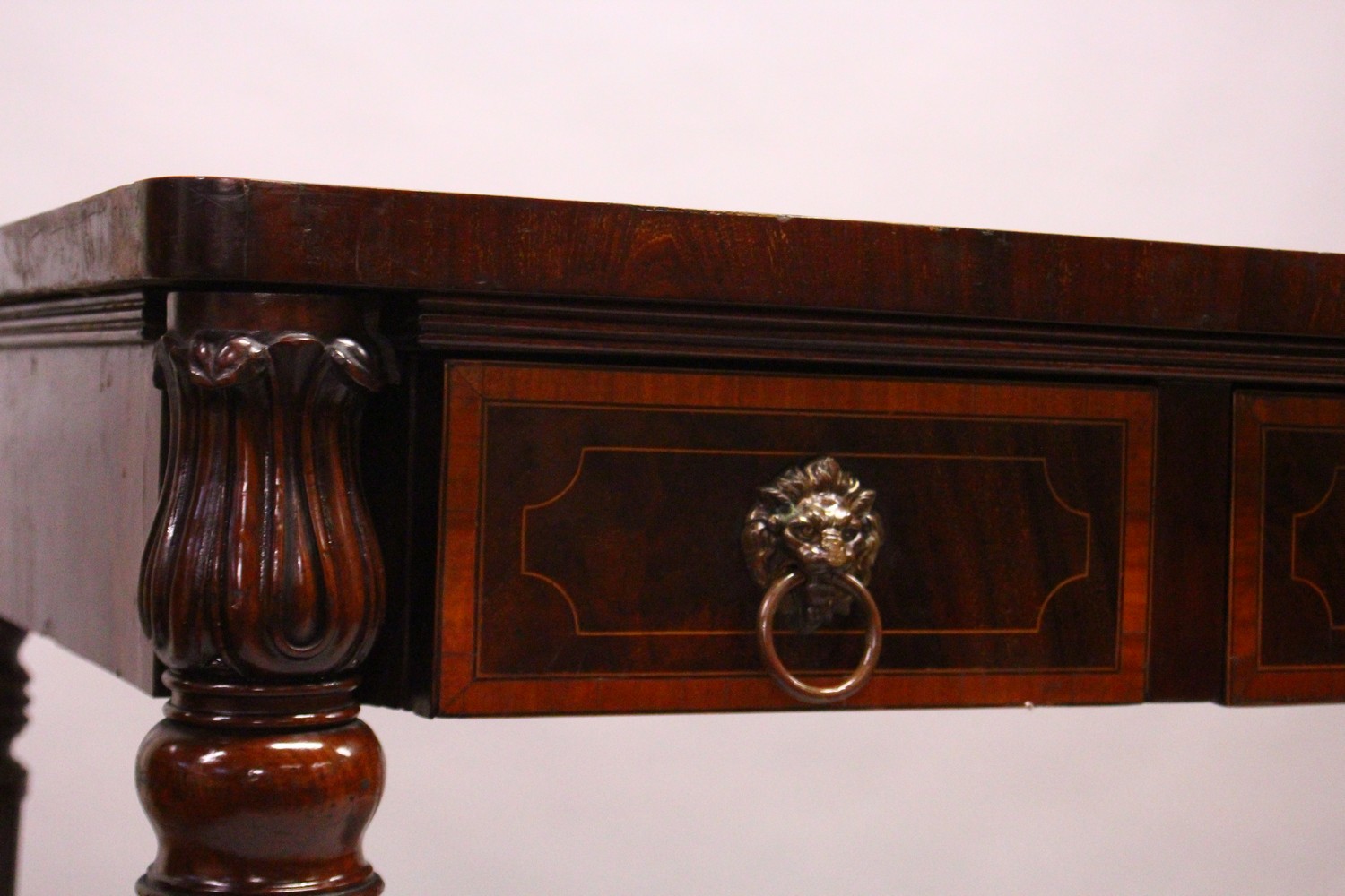 A 19TH CENTURY MAHOGANY AND SATINWOOD BANDED SERVING TABLE, with three frieze drawers having lion - Image 2 of 8