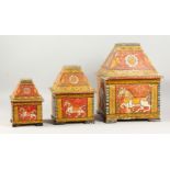 A RARE KASHMIR PAINTED WOODEN SET OF THREE BOXES INSIDE EACH OTHER. Largest 16ins square, the