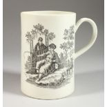 A RARE 18TH CENTURY WORCESTER BLACK TRANSFER PRINTED MUG, with an Oriental woman carrying a
