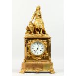 A 19TH CENTURY FRENCH ORMOLU MANTLE CLOCK, with eight-day movement, white dial surmounted by a young