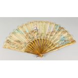 A VICTORIAN PAINTED AND GILDED FAN, boxed. 11ins long.