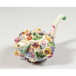 A SMALL 19TH CENTURY MEISSEN FLOWER ENCRUSTED TEAPOT AND COVER with curving handle. Cross swords