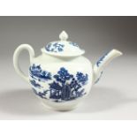 AN 18TH CENTURY WORCESTER TEAPOT AND COVER, decorated in blue under-glaze with a gazebo, islands and