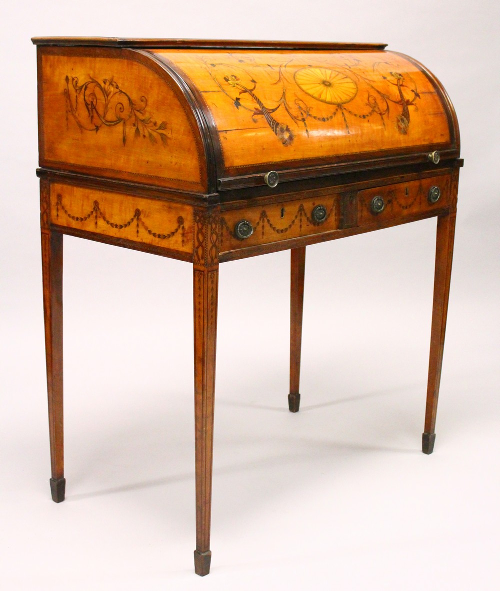 A SUPERB GEORGE III SATINWOOD INLAID CYLINDER BUREAU with urns, scrolls, ribbons and oval. The