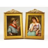A SUPERB PAIR OF 19TH CENTURY GERMAN UPRIGHT PORCELAIN PLAQUES, three-quarter length of a young
