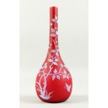 A GOOD WEBB'S CAMEO RED AND WHITE VASE with long neck, enamelled with a butterfly and almond