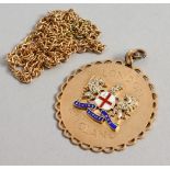 A 9CT GOLD AND ENAMEL "LONDON" PENDANT and chain, 20gms.
