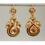 A SUPERB PAIR OF DIAMOND, ENAMEL AND GOLD DROP EARRINGS.
