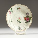 A GOOD WORCESTER BLIND EARL PATTERN LEAF SHAPED DISH painted with flowers. 5.5ins wide.