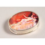 AN OVAL SILVER PILL BOX, with oval enamel of a nude.
