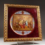 A SUPERB LARGE VIENNA CIRCULAR PLAQUE, "Opferuno der Sphigenia", framed and glazed. Beehive mark