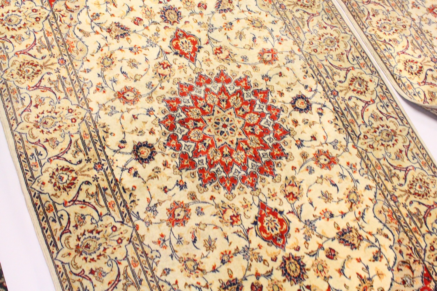 A PAIR OF PERSIAN TABRIZ CARPETS, beige ground with a central medallion and floral decoration ( - Image 18 of 28