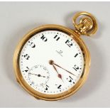 A GENTLEMEN'S 18CT GOLD OMEGA OPEN FACED POCKET WATCH.