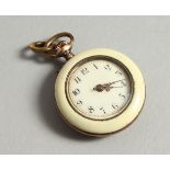 A TINY FRENCH LADIES' ENAMEL CASED WATCH, the back with a young lady in a garden setting.