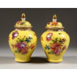 A SMALL PAIR OF YELLOW DRESDEN VASES AND COVERS, decorated with flowers. Dresden in blue. 6.5ins