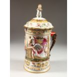 A LARGE CAPODIMONTE TANKARD AND COVER, with classical figures in relief. Mark in blue. 12.5ins