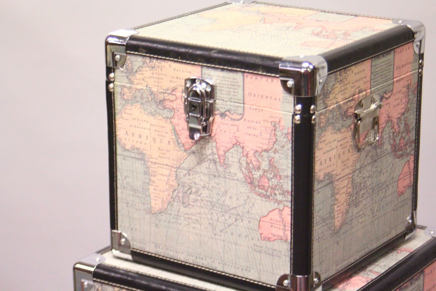 A SET OF THREE SQUARE TRUNKS, printed with maps of the world. Largest: 1ft 6ins wide. - Image 2 of 4