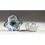 TWO WORCESTER BLUE AND WHITE PICKLE DISHES, one with a handle.