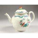 A VERY RARE 18TH CENTURY WORCESTER TEAPOT AND COVER, chrysanthemum moulded enamelled with a parrot