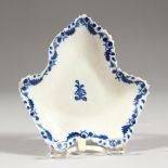 A RARE 18TH CENTURY LIVERPOOL CHRISTIANS LEAF SHAPED DISH painted in under-glaze blue.