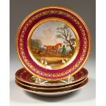 A SET OF FOUR 19TH CENTURY FRENCH PLATES, painted with scenes, harbour, horses, figures etc. 8ins