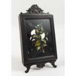 A 19TH CENTURY PIETRA DURA FRONTED PHOTO FRAME, with folding front and easel support. Panel: 5.