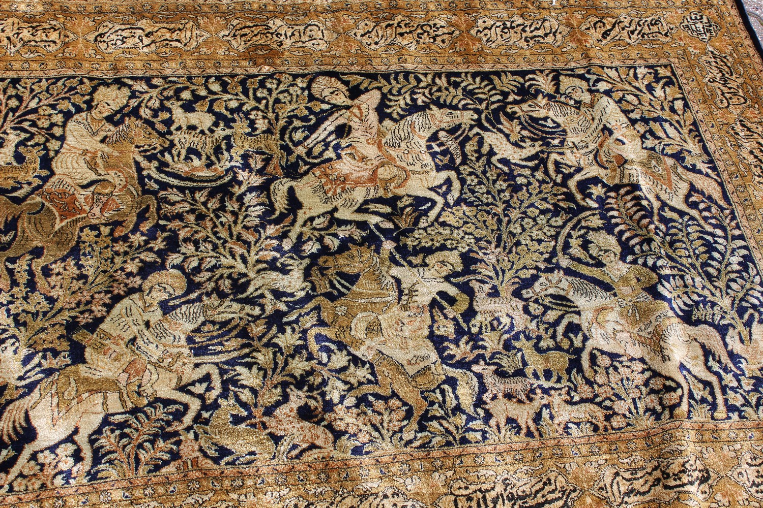 AN EASTERN PART SILK HANGING, the central panel decorated with a hunting scene with figures on - Image 10 of 12