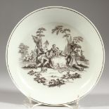 AN 18TH CENTURY SAUCER SHAPED DISH, printed with L'Amour, signed RH Worcester with anchor.