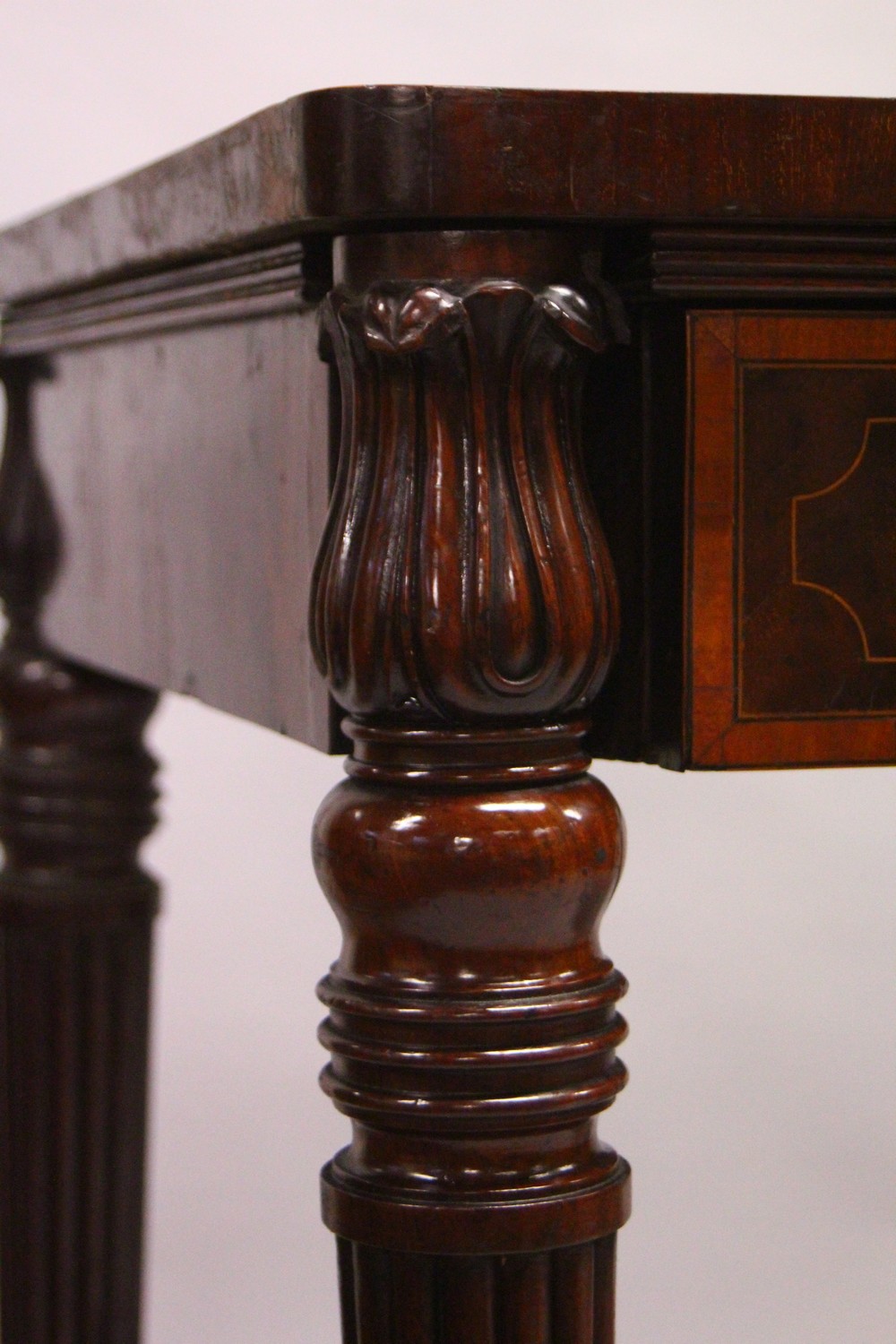 A 19TH CENTURY MAHOGANY AND SATINWOOD BANDED SERVING TABLE, with three frieze drawers having lion - Image 3 of 8