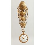 AN 18CT GOLD FRENCH WATCH ON A CHATELAINE by MALLET A PARIS with white enamel dial, black Roman