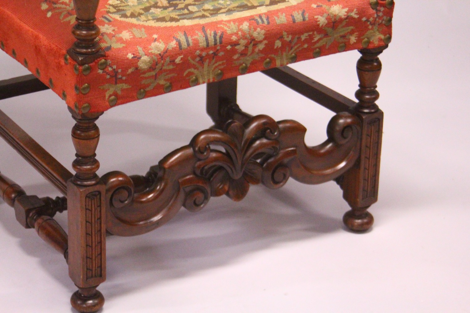 A CONTINENTAL 18TH CENTURY STYLE WALNUT ARMCHAIR, with tapestry upholstered back and seat, turned - Image 3 of 5