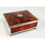 A SUPERB SILVER AND TORTOISESHELL VANITY CASE, with factory front fitted with scissors, nail file,