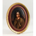 A VERY GOOD 19TH CENTURY GERMAN OVAL PORTRAIT PLAQUE of a young girl with long flowing black hair,