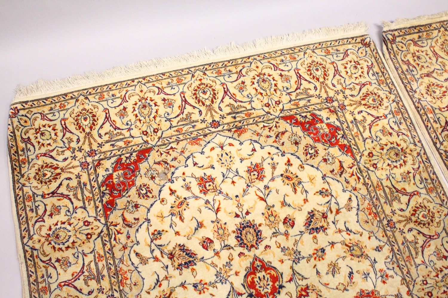 A PAIR OF PERSIAN TABRIZ CARPETS, beige ground with a central medallion and floral decoration ( - Image 16 of 28