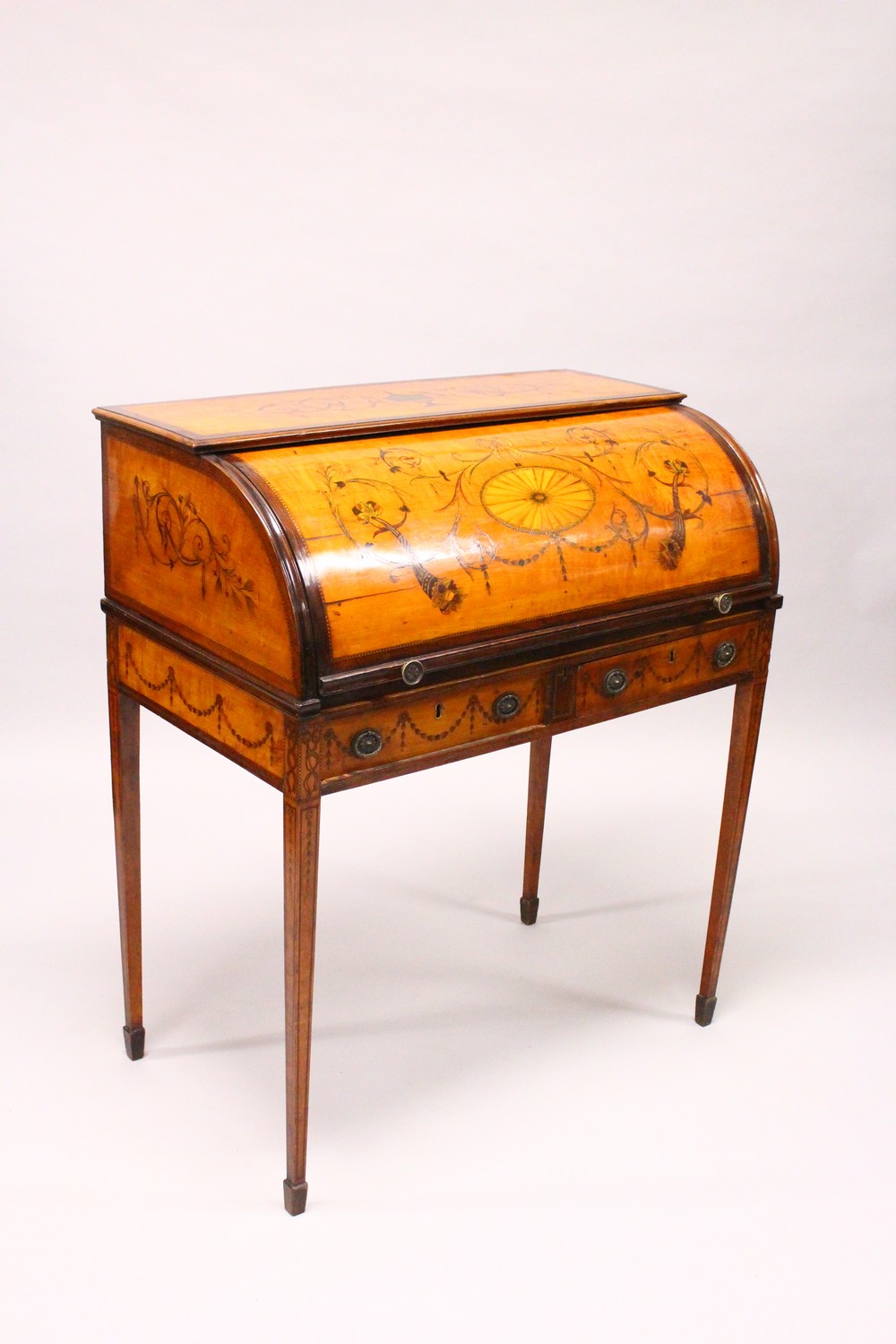 A SUPERB GEORGE III SATINWOOD INLAID CYLINDER BUREAU with urns, scrolls, ribbons and oval. The - Image 2 of 11