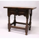 AN 18TH CENTURY SPANISH SIDE TABLE, with solid walnut top, single frieze drawer with iron lock,
