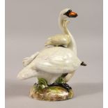 A GOOD MEISSEN MODEL OF A SWAN, a cygnet on its back. Cross swords mark in blue. Incised E.H. 5ins