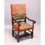 A CONTINENTAL 18TH CENTURY STYLE WALNUT ARMCHAIR, with tapestry upholstered back and seat, turned