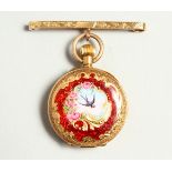 A LADIES' 18CT GOLD AND ENAMEL HALF HUNTER WATCH ON A BROOCH. No. 82444, with white and gilt dial,