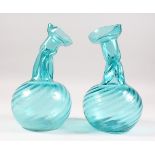 A PAIR OF RARE 17TH CENTURY GERMAN KUTTROLF TWISTED GLASS WINE FLASKS, with a twisted ribbed body.