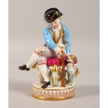 A GOOD MEISSEN FIGURE OF A YOUNG BOY with a dog. Cross swords mark in blue. 5.5ins high.