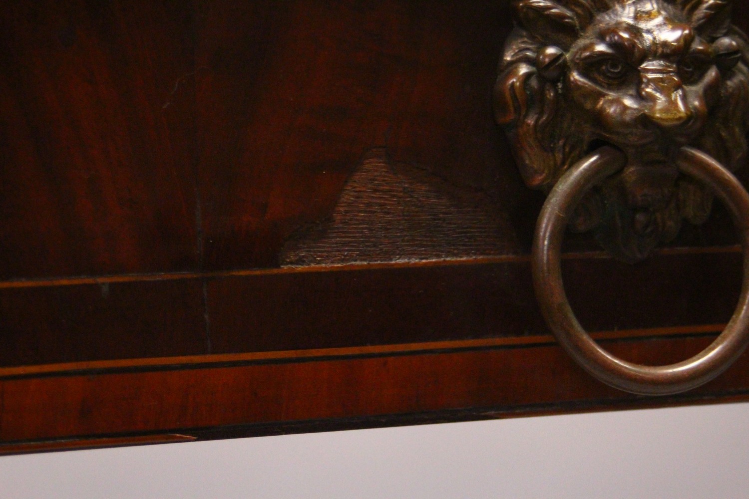 A 19TH CENTURY MAHOGANY AND SATINWOOD BANDED SERVING TABLE, with three frieze drawers having lion - Image 4 of 8