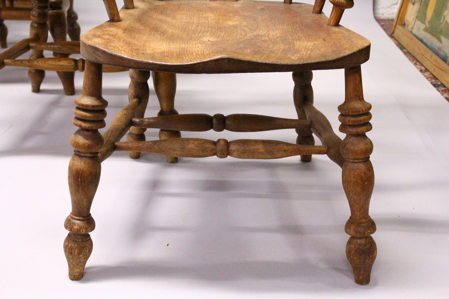 A GOOD SET OF FOUR 19TH CENTURY OAK WINDSOR HIGH BACK ARMCHAIRS. - Image 3 of 11