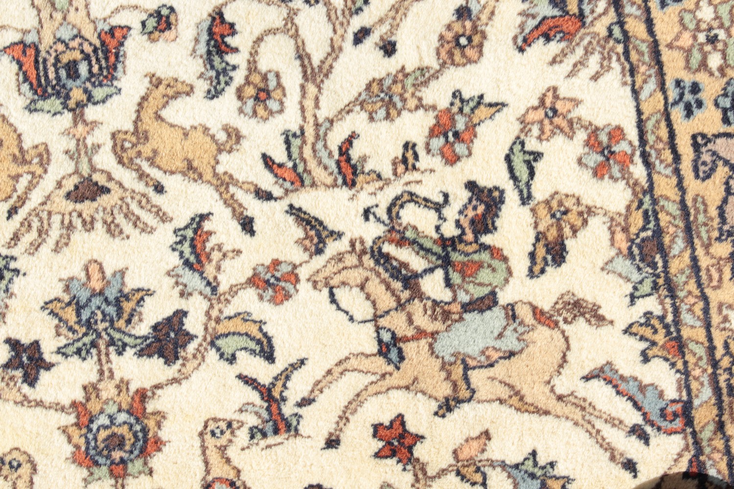 A GOOD INDIAN WOOL RUG with hunting scenes on a white background. 6ft 4ins x 4ft. - Image 3 of 11