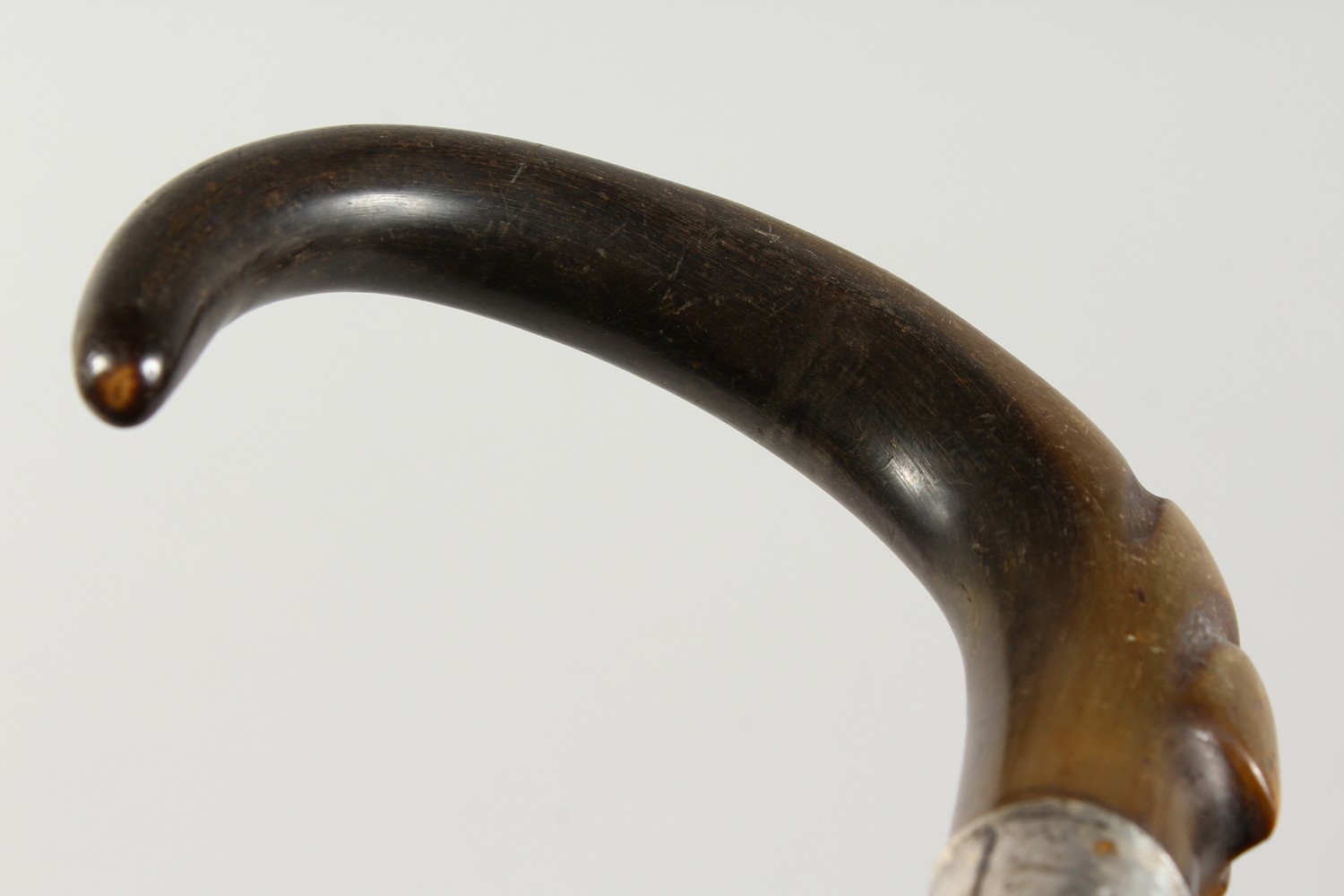A WALKING STICK with rhino handle and silver band stamped silver. 2ft 9ins long. - Image 5 of 9