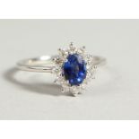 A GOOD 18CT WHITE GOLD, SAPPHIRE AND DIAMOND CLUSTER RING.